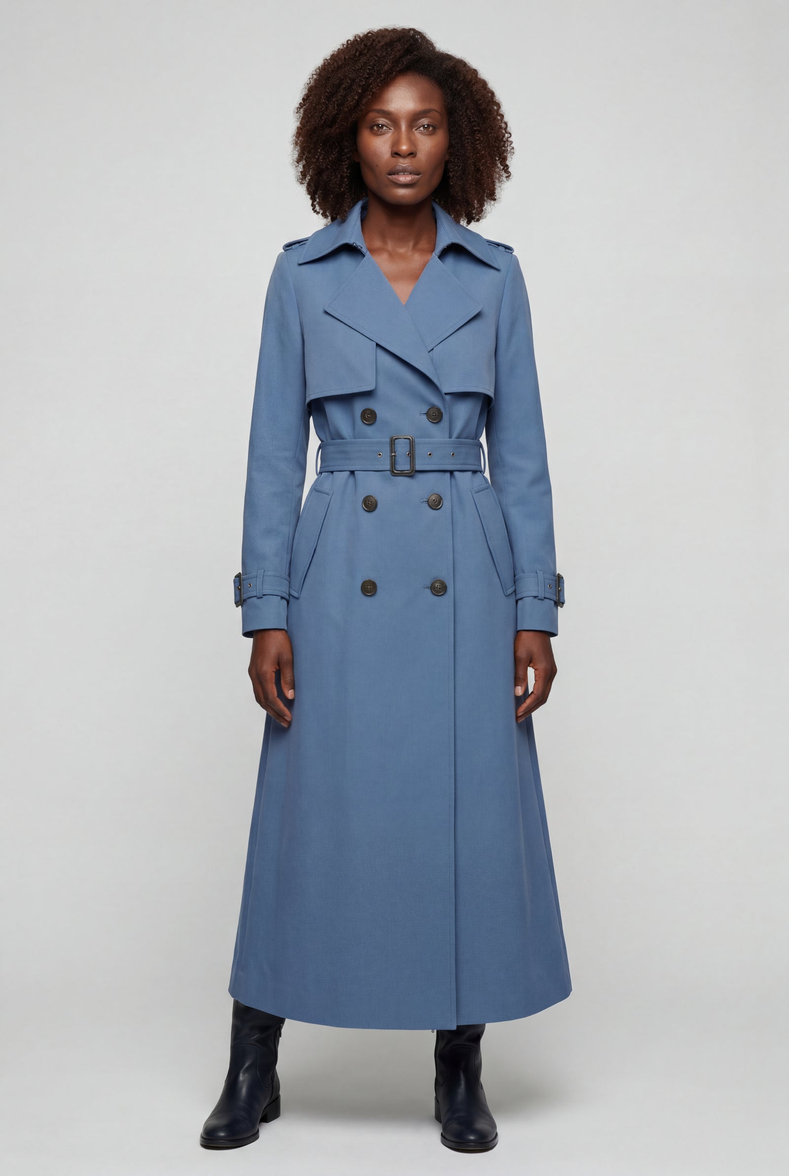 Blue Double-breasted Belted Trench Coat with Storm Flap - Photo 8