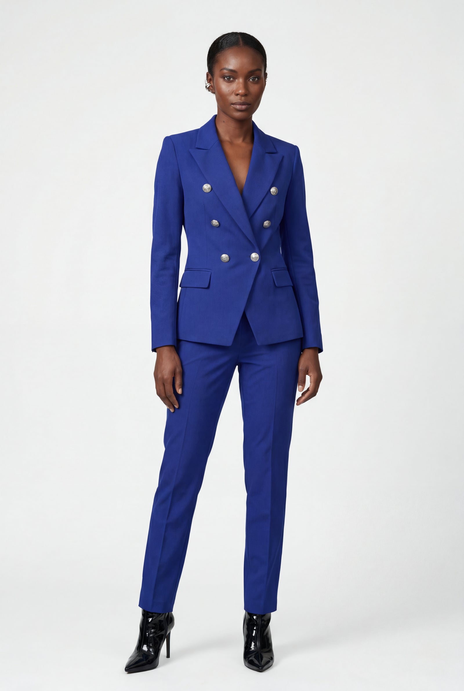 Blue Double-breasted Fitted Jacket and Slim Trouser Suit Set - Photo 16