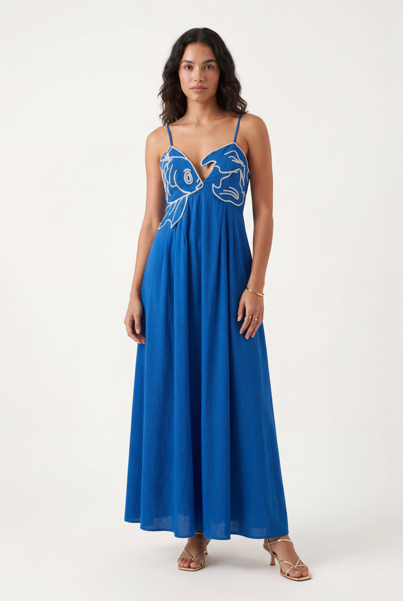 Blue Embroidered Fish Motif Open Back Maxi Dress - Photo 4