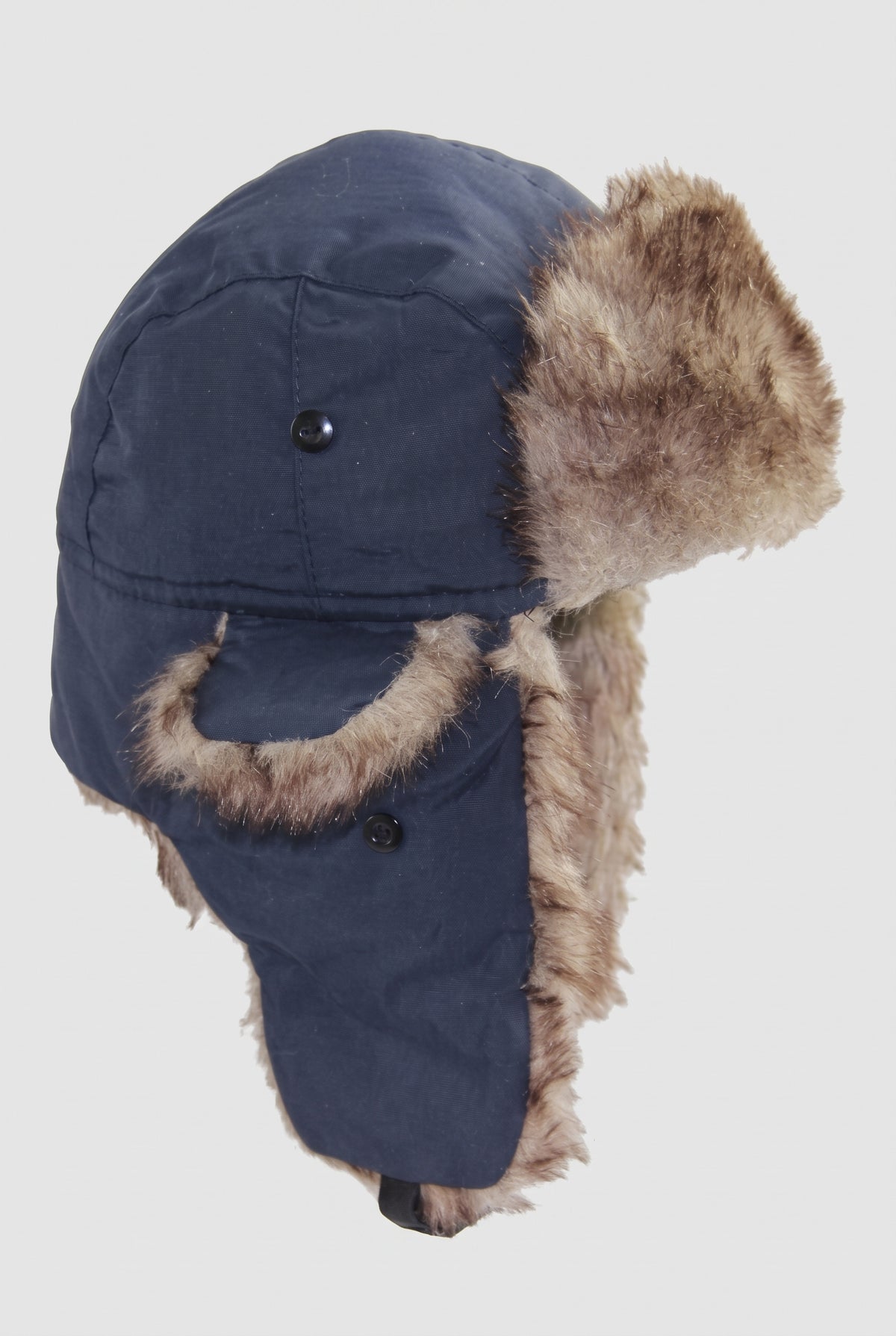 Faux Fur Lined Trapper Hat in Blue — studio front