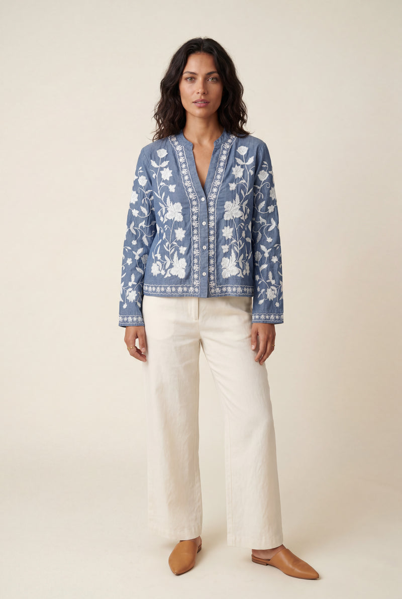 Blue Floral Embroidered Button-front Blouse with V-neckline - Blouses - Photo 1