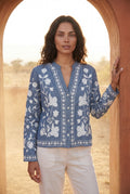 Blue Floral Embroidered Button-front Blouse with V-neckline - Blouses - Photo 4