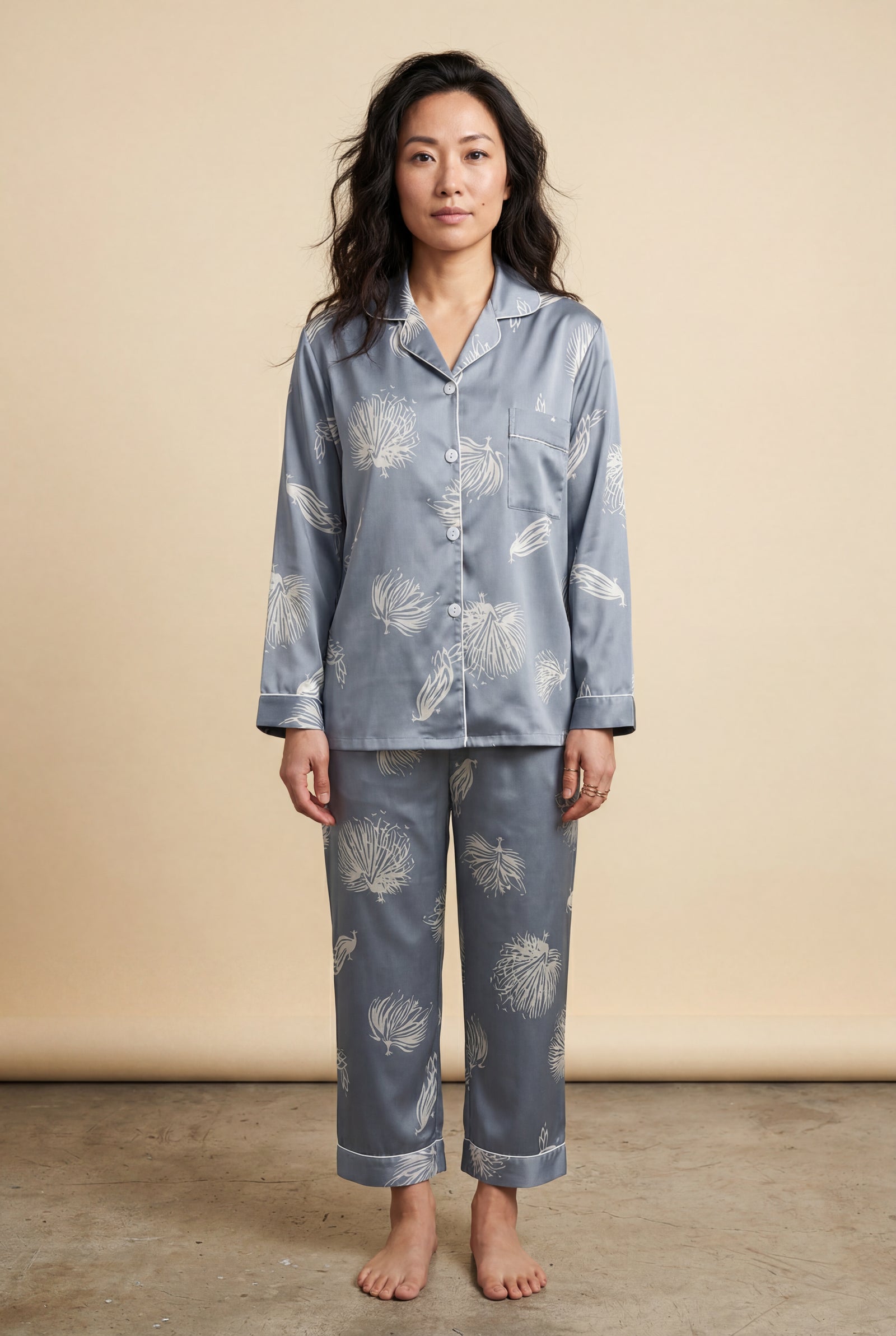 Blue Floral Print Pajama Set with Button-up Blouse - Photo 2