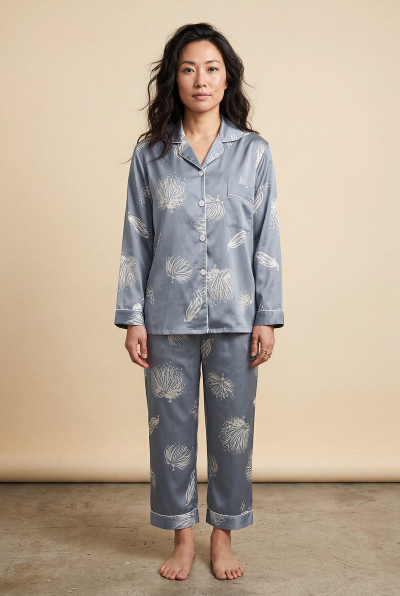 Blue Floral Print Pajama Set with Button-up Blouse - Photo 2
