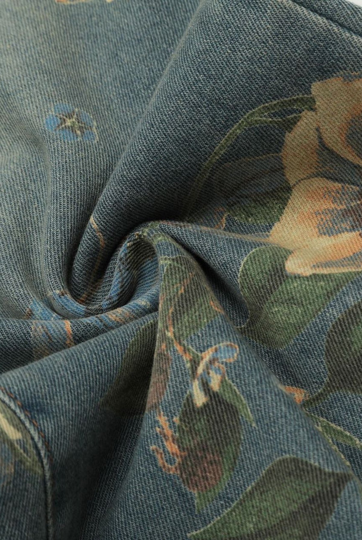 Floral Wide-Leg Jeans in Blue — detail