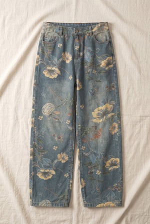 Floral Wide-Leg Jeans in Blue — Stilenza main image