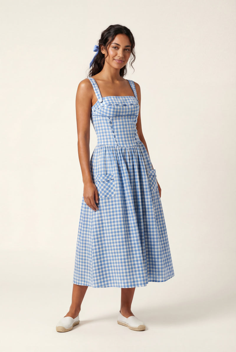 Blue Gingham Square Neck A-line Midi Sundress with Pockets - Midi dress - Photo 1