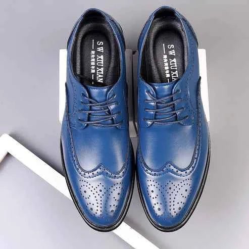 Blue Glossy Wingtip Brogue Oxford Dress Shoes - Photo 7