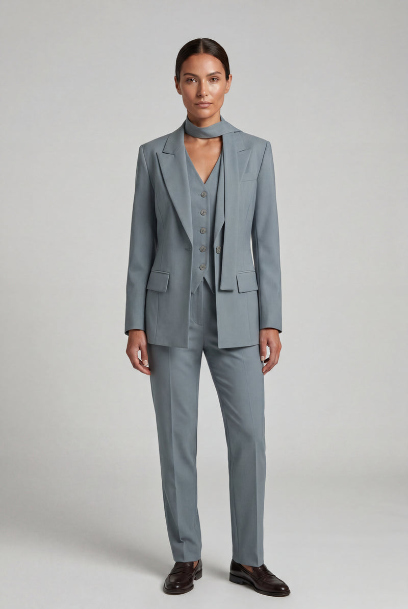 Blue Gray Single-breasted Blazer with Scarf Detail and Notched Lapel - Blazers - Photo 2