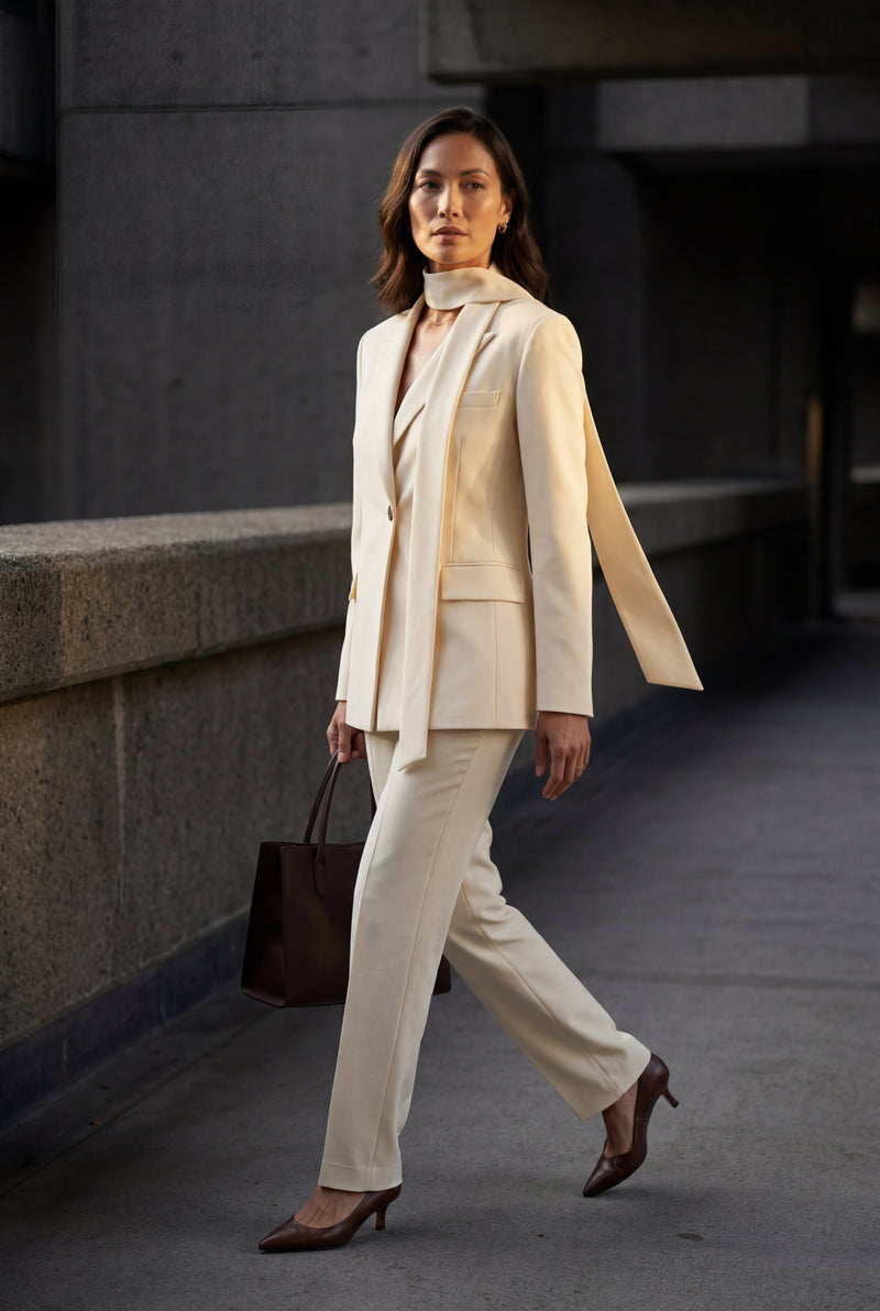 Cream Single-breasted Blazer with Scarf Detail and Notched Lapel - Blazers - Photo 4