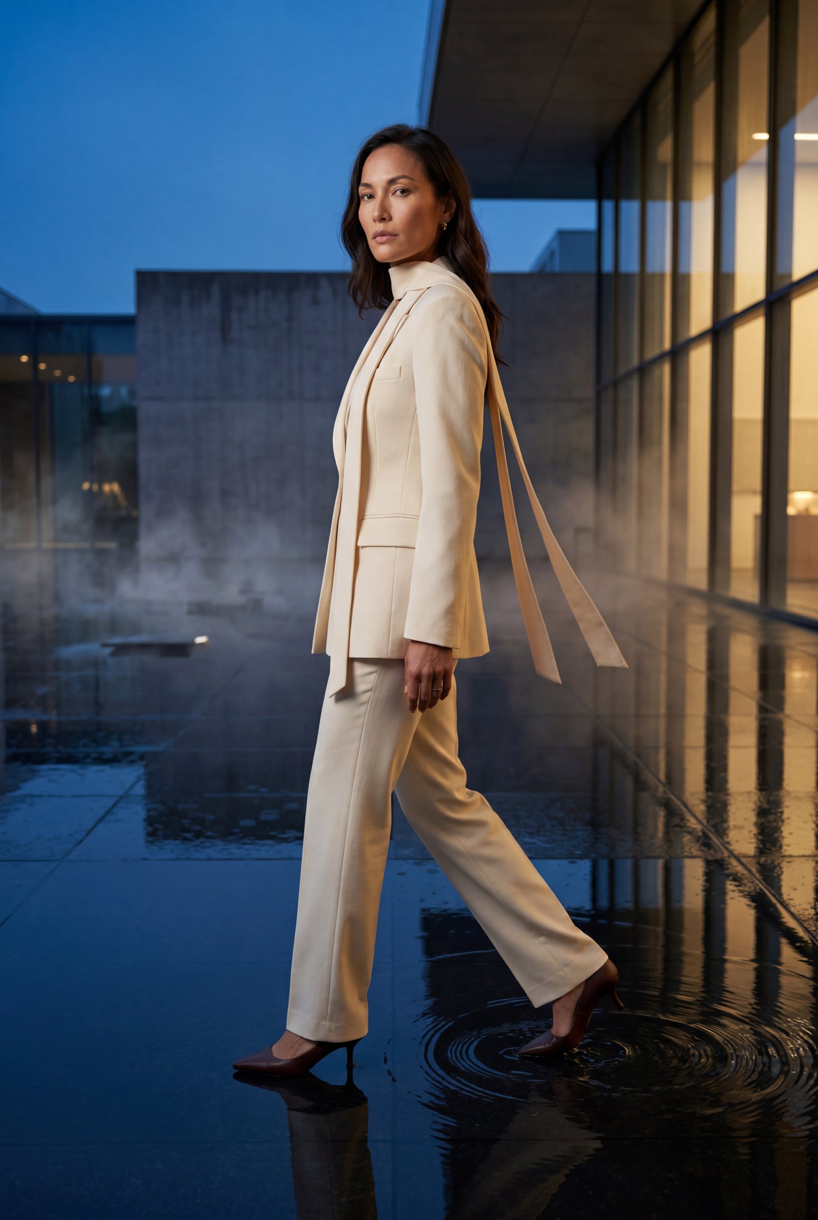 Cream Single-breasted Blazer with Scarf Detail and Notched Lapel - Blazers - Photo 8