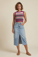 Blue High-waisted Raw Hem Front-slit Midi Skirt - Denim skirt - Photo 1