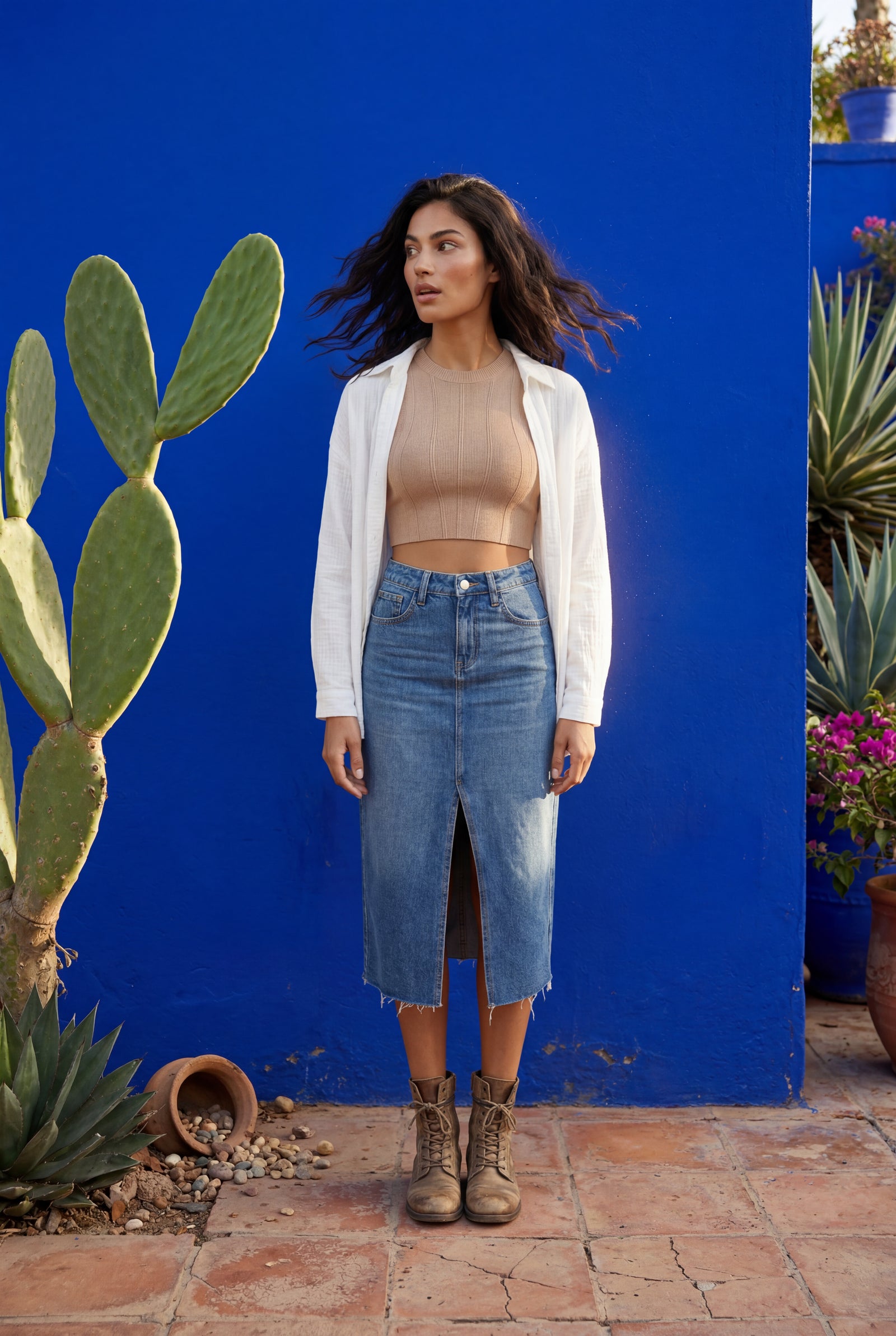 Blue High-waisted Raw Hem Front-slit Midi Skirt - Denim skirt - Photo 10