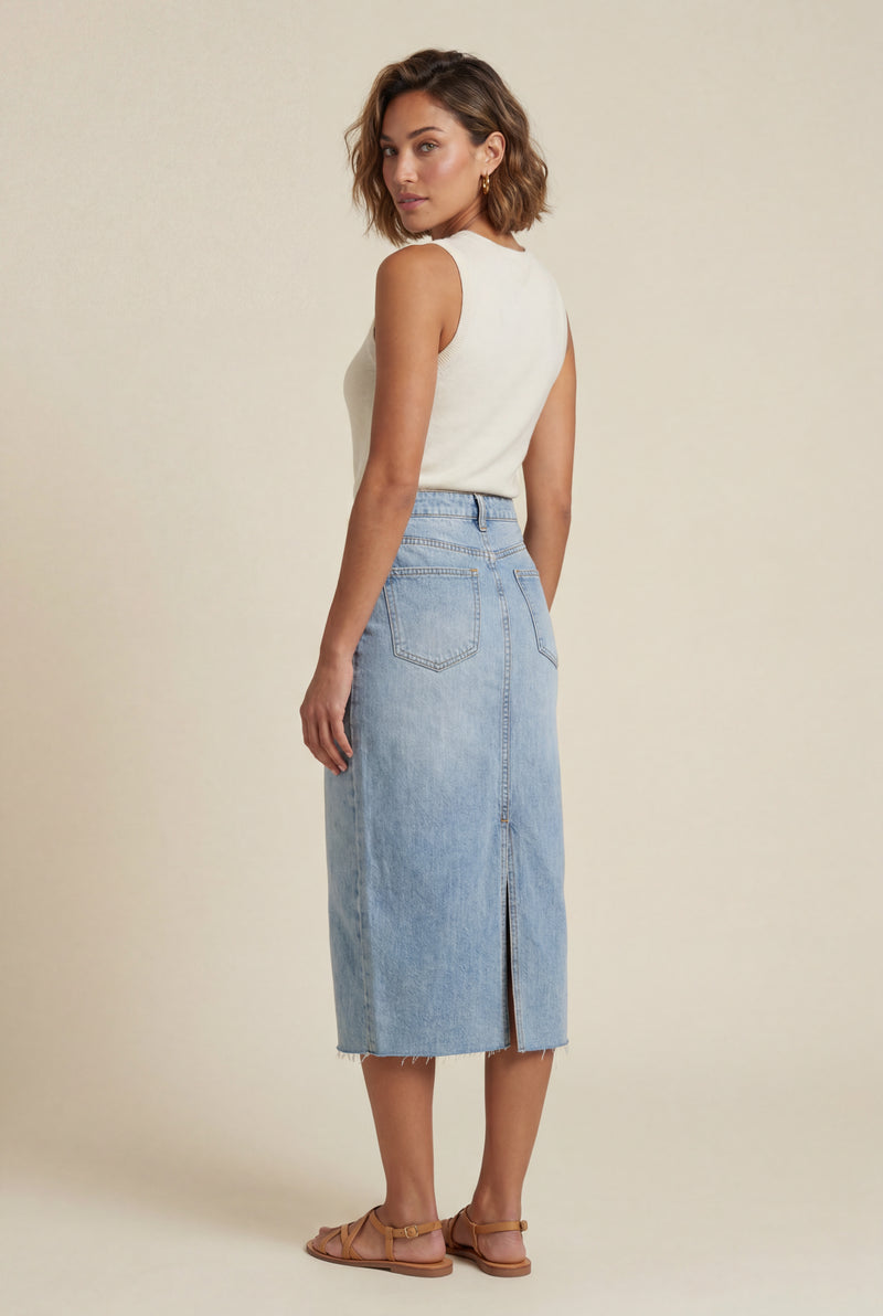Blue High-waisted Raw Hem Front-slit Midi Skirt - Denim skirt - Photo 3