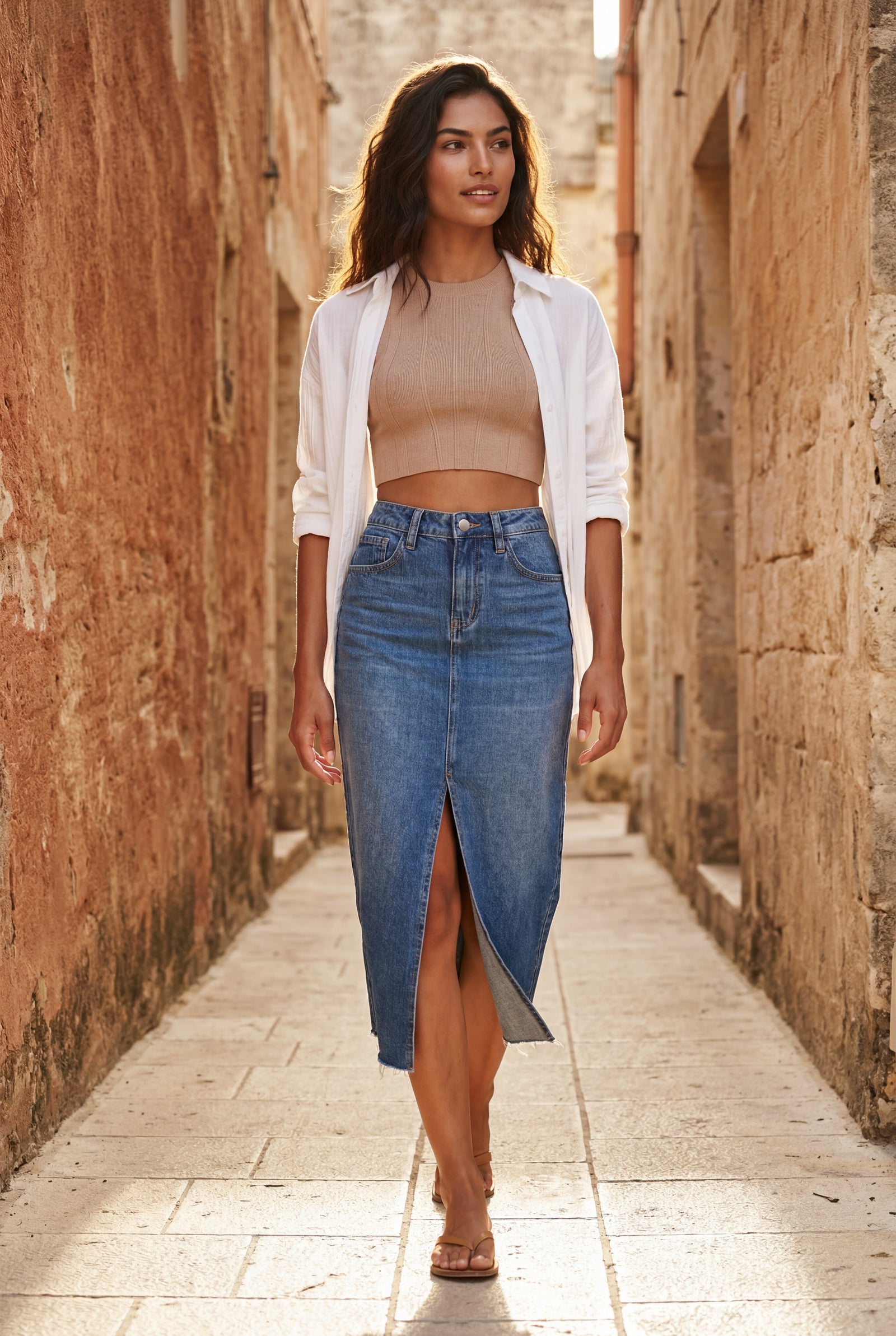 Blue High-waisted Raw Hem Front-slit Midi Skirt - Denim skirt - Photo 5