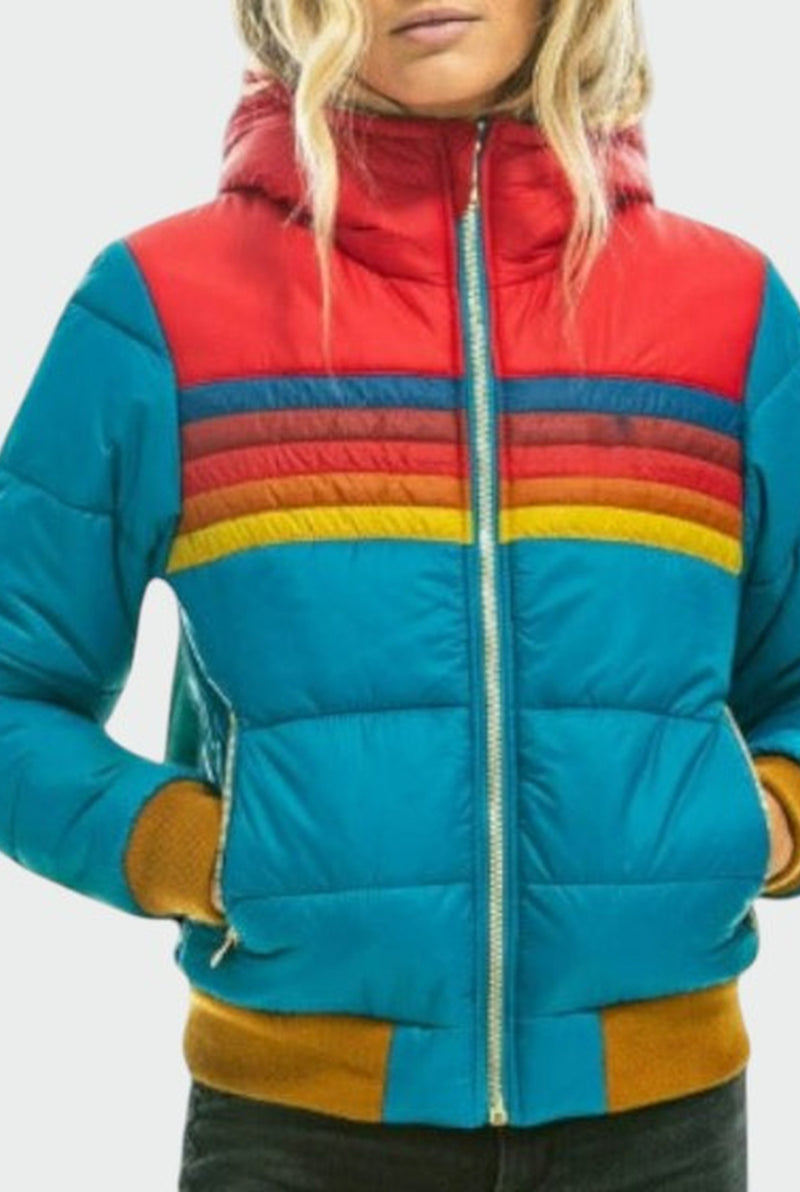 Hooded Color-Block Puffer Jacket in Blue — front view