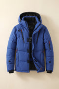 Insulated Hooded Puffer Coat in Blue — studio front