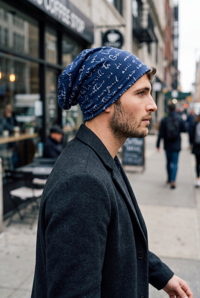 Jersey Knit Slouch Beanie in Blue — lifestyle