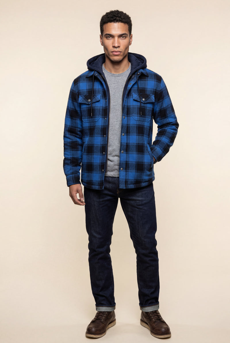 Blue Large Check Pattern Hooded Flannel Jacket - Hooded jackets - Photo 1