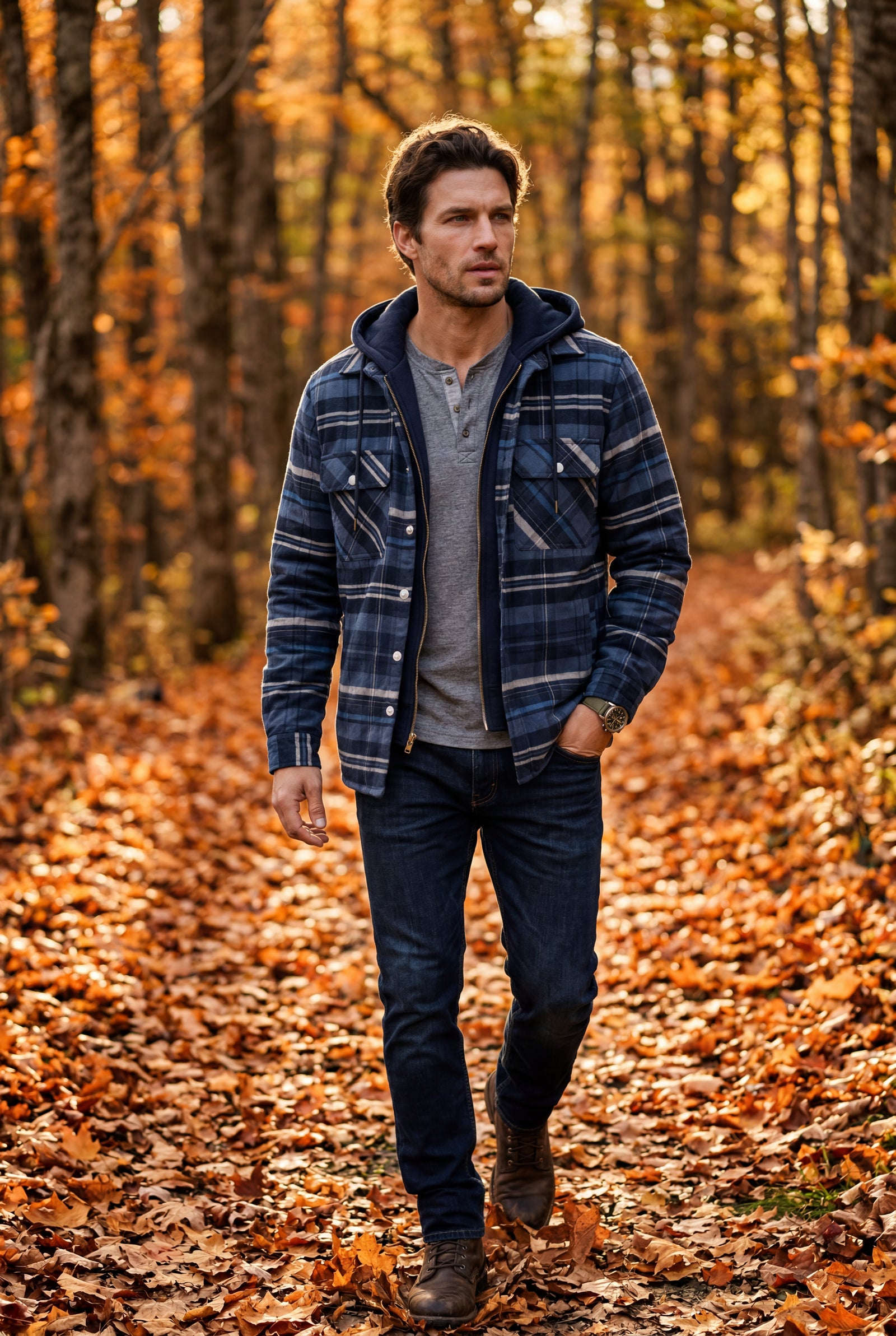 Blue Large Check Pattern Hooded Flannel Jacket - Hooded jackets - Photo 18
