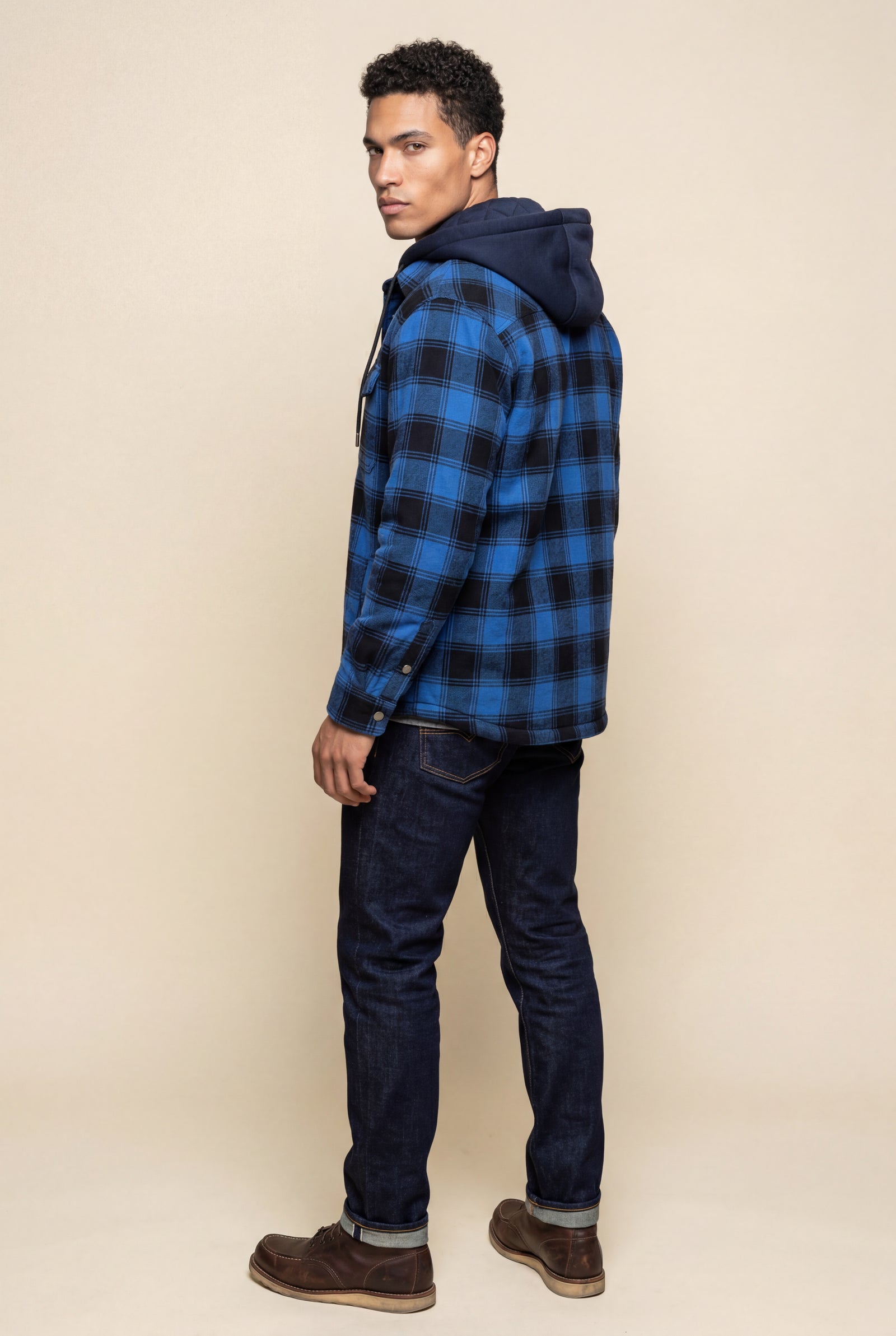 Blue Large Check Pattern Hooded Flannel Jacket - Hooded jackets - Photo 3