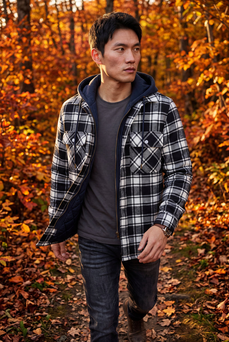 Black Large Check Pattern Hooded Flannel Jacket - Hooded jackets - Photo 4