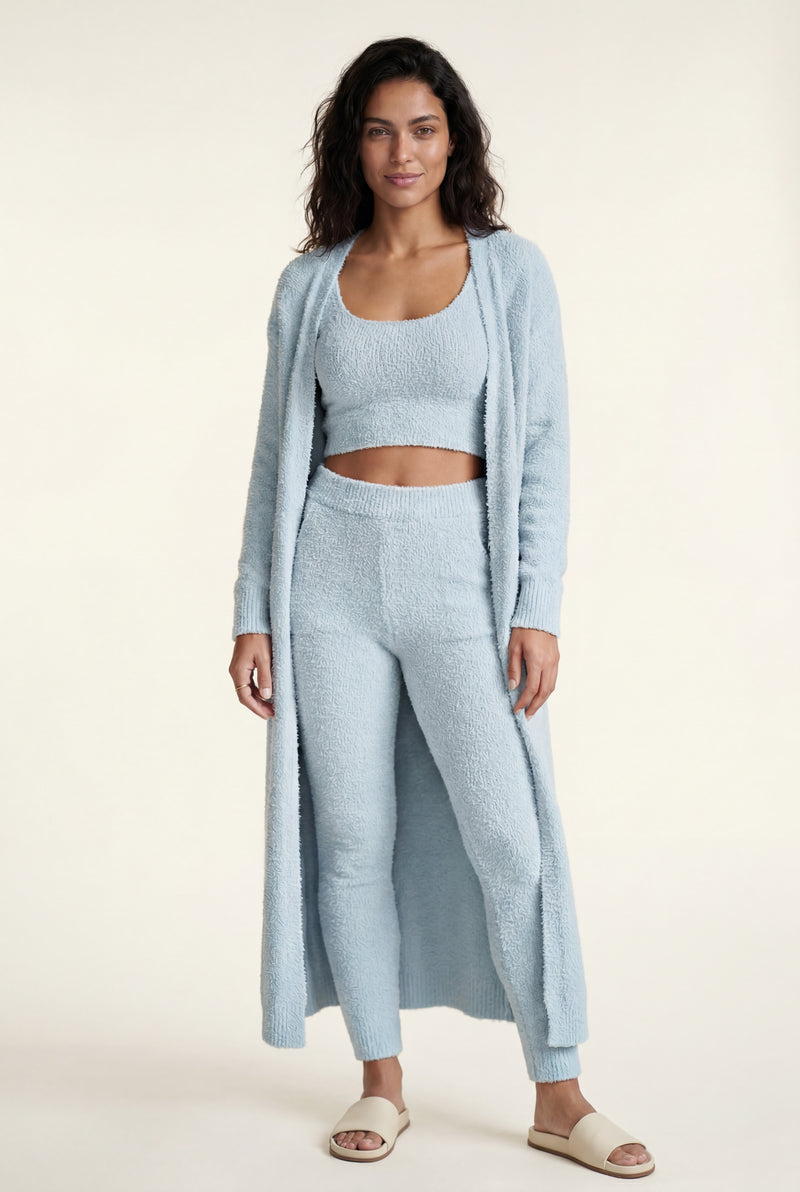 Blue Longline Cardigan 3-piece Ribbed Loungewear Set - Photo 3