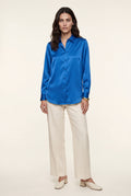 Blue Lustrous Tailored Long Sleeve Button-up Blouse - Blouses - Photo 20