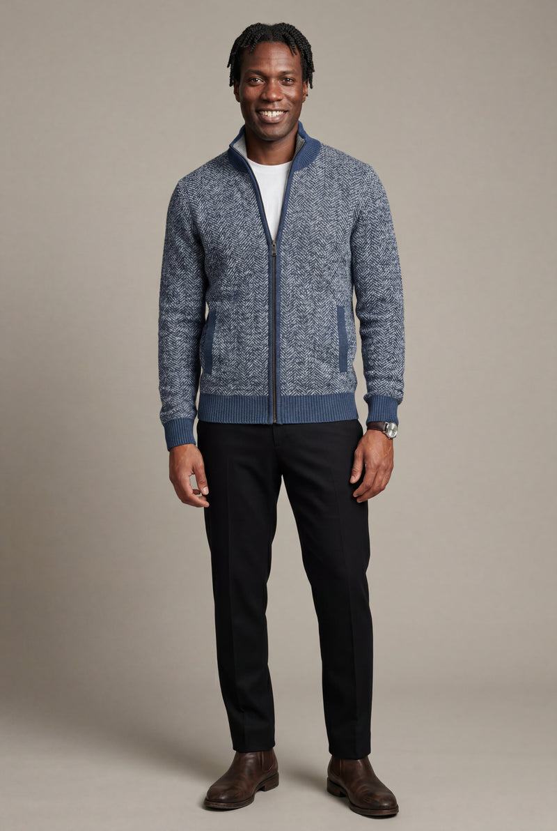 Blue Marled Full-zip Mock Neck Cardigan with Ribbed Trim - Gilet - Photo 2