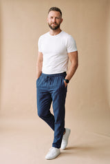 Men Pants Slim Fit Elastic Waist in Blue — studio front