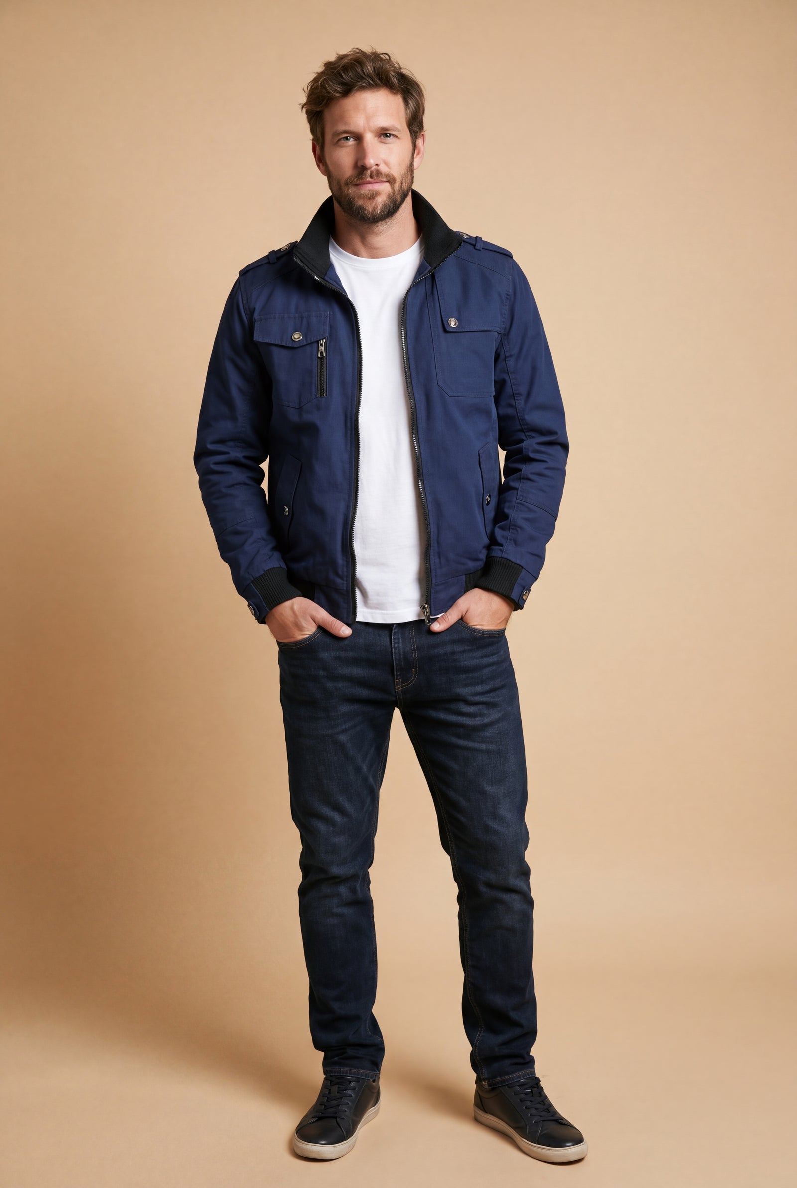 Men's Bomber Jacket Classic Fit in Blue — studio front