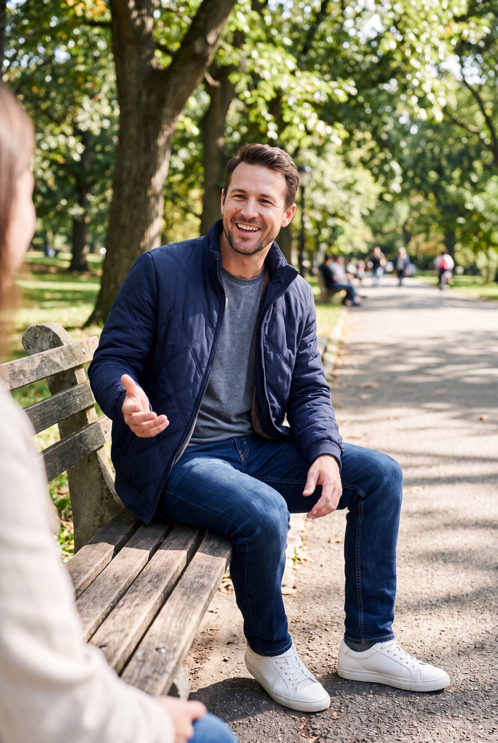 Men's Jacket Quilted Fleece-Lined in Blue — lifestyle park bench