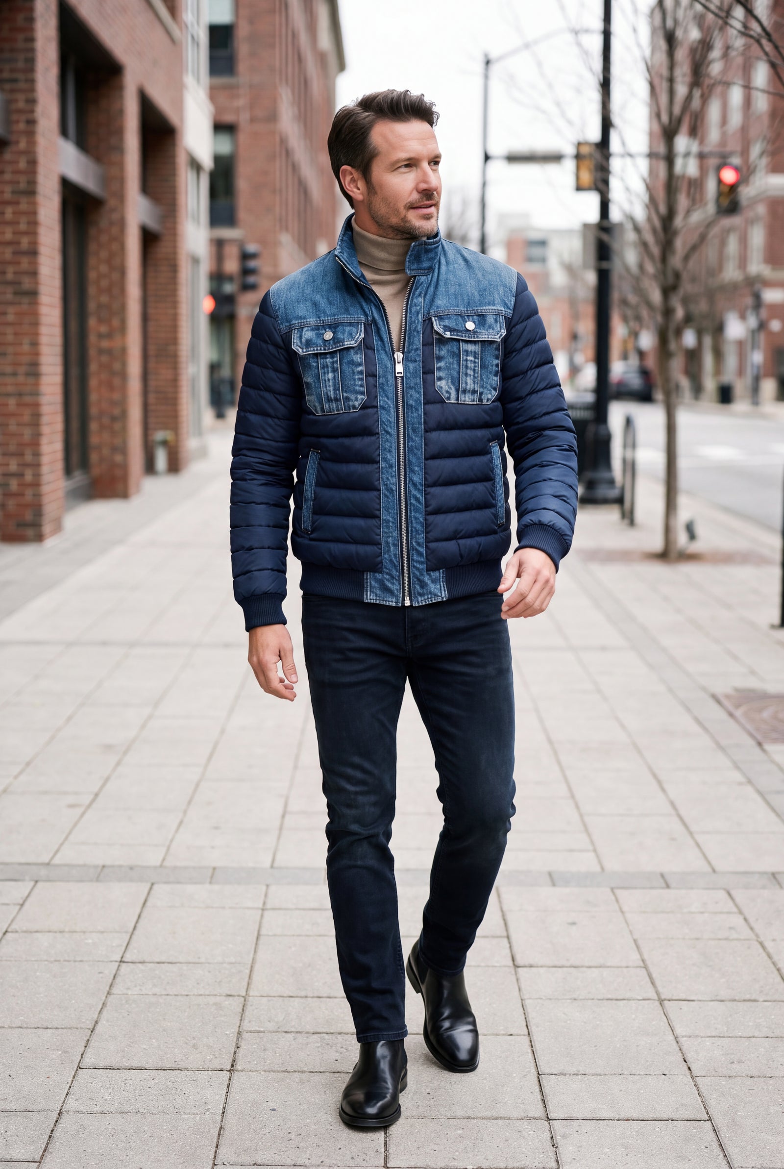 Men's Jacket Quilted Slim Fit in Blue — lifestyle city walk