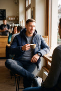 Men's Puffer Jacket Hooded Insulated in Blue — casual cafe