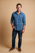 Men's Shirt Button Pockets Long Sleeve in Blue — studio front