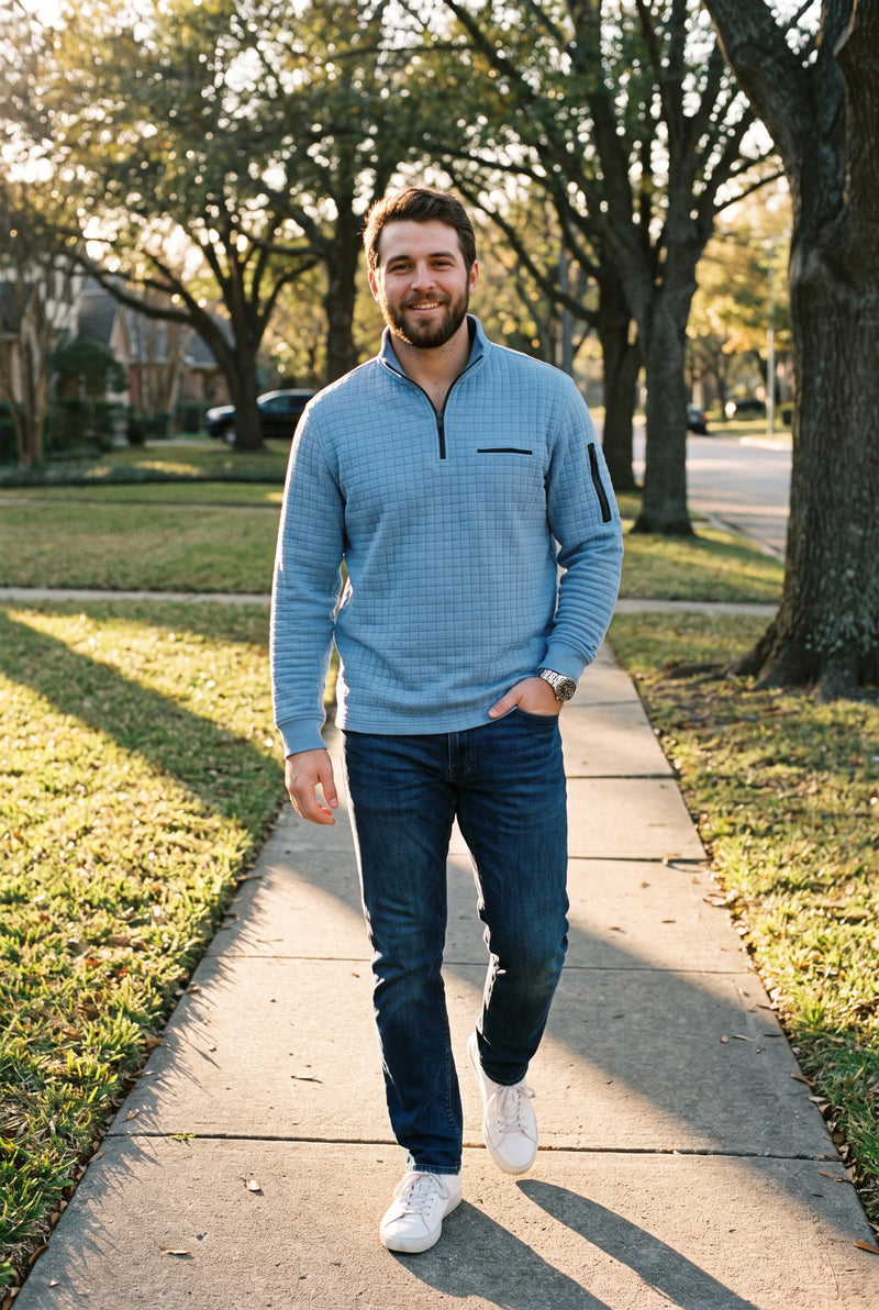 Men's Sweater Long Sleeve Waffle in Blue — lifestyle shot