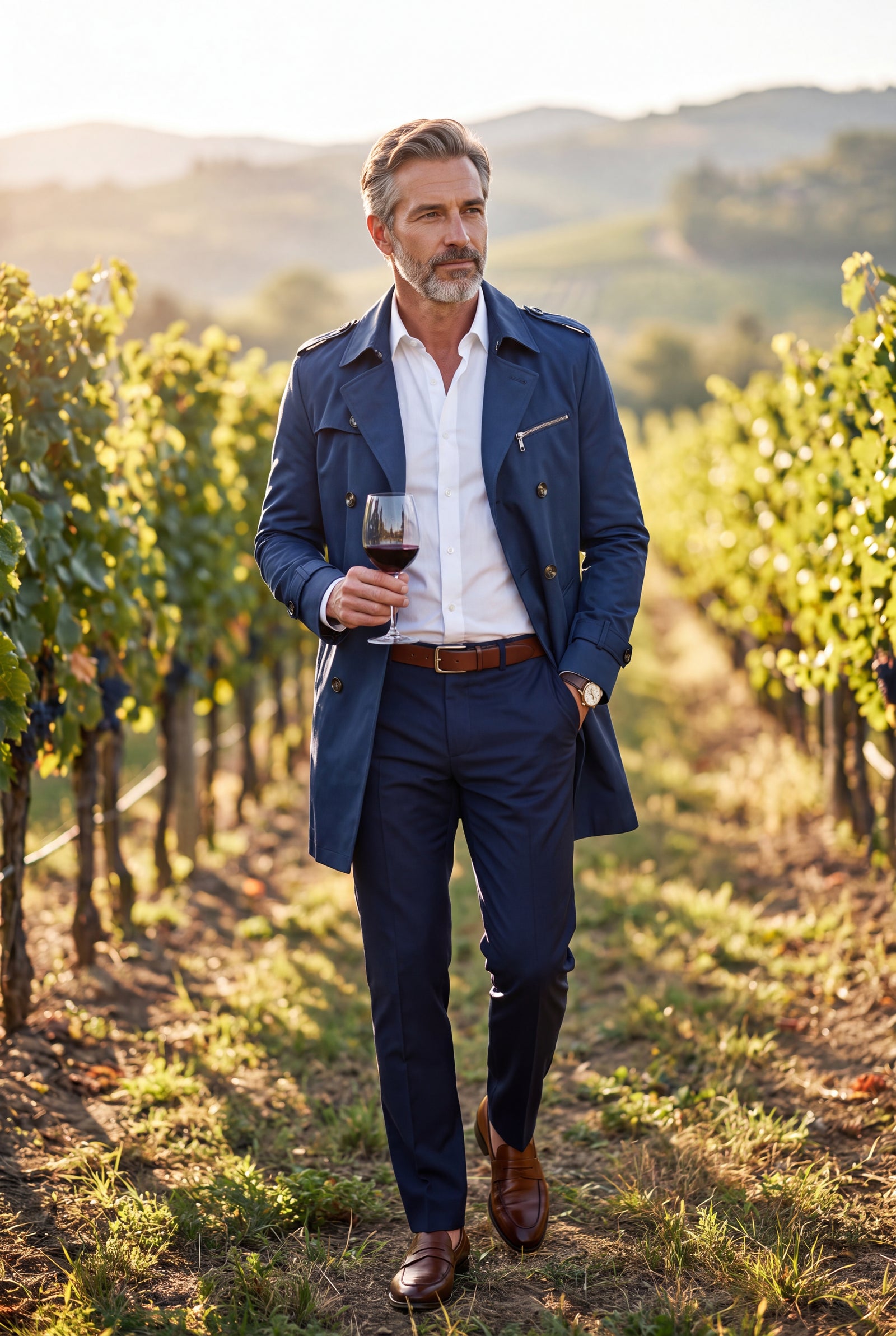 Men's Trench Coat Double Breasted in Blue — lifestyle winery