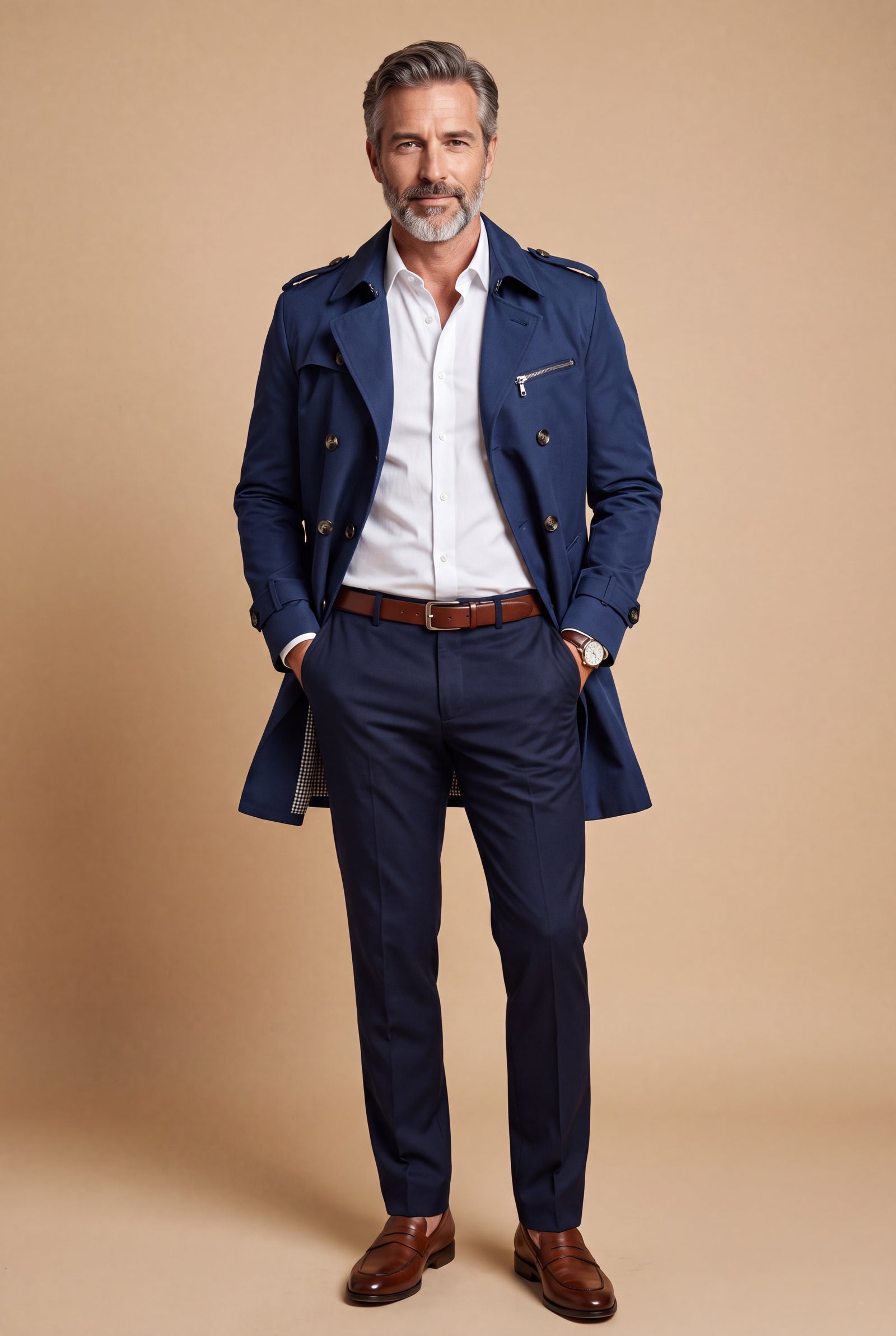 Men's Trench Coat Double Breasted in Blue — studio full body
