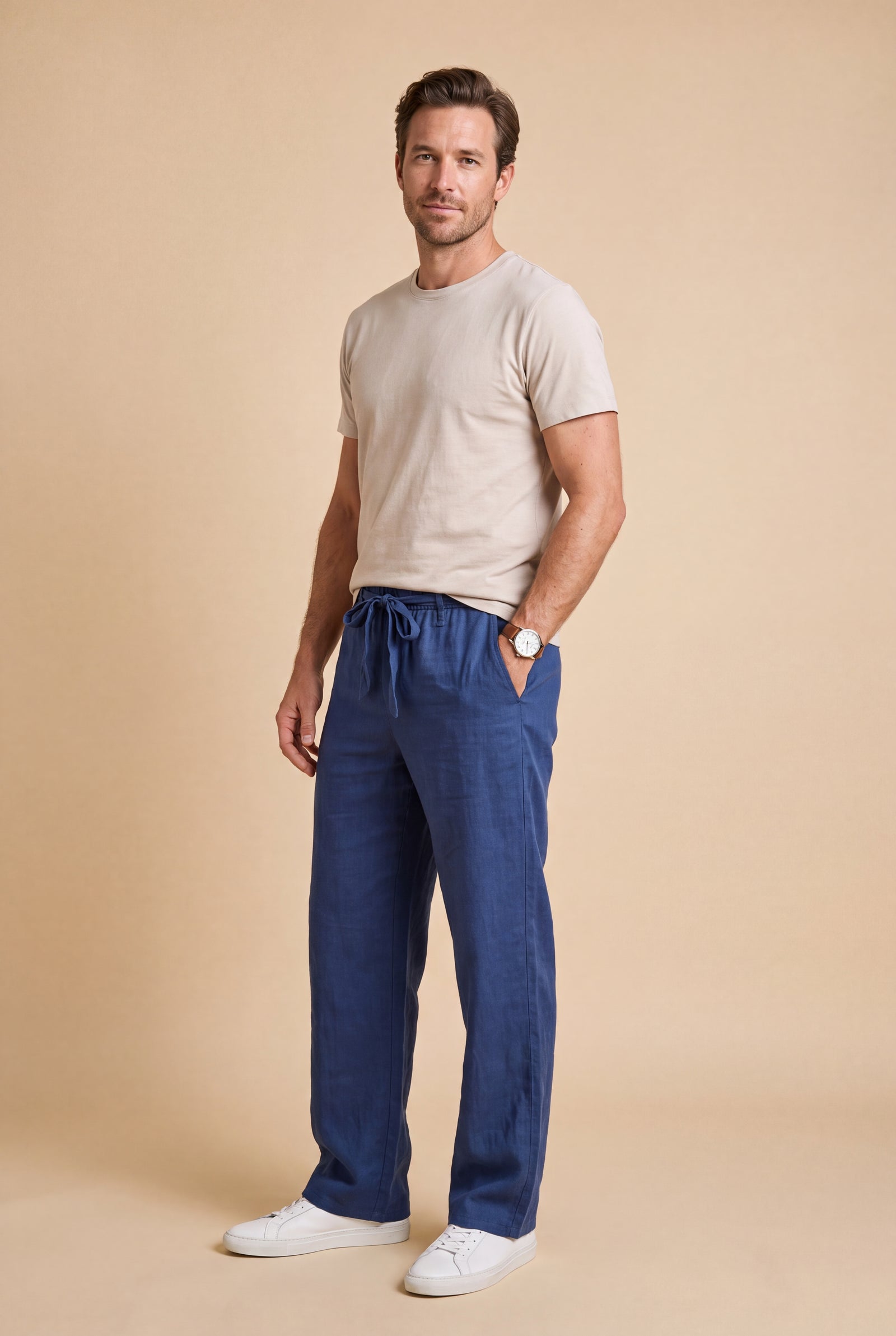 Men's Trousers Wide Leg Drawstring in Blue — studio full body