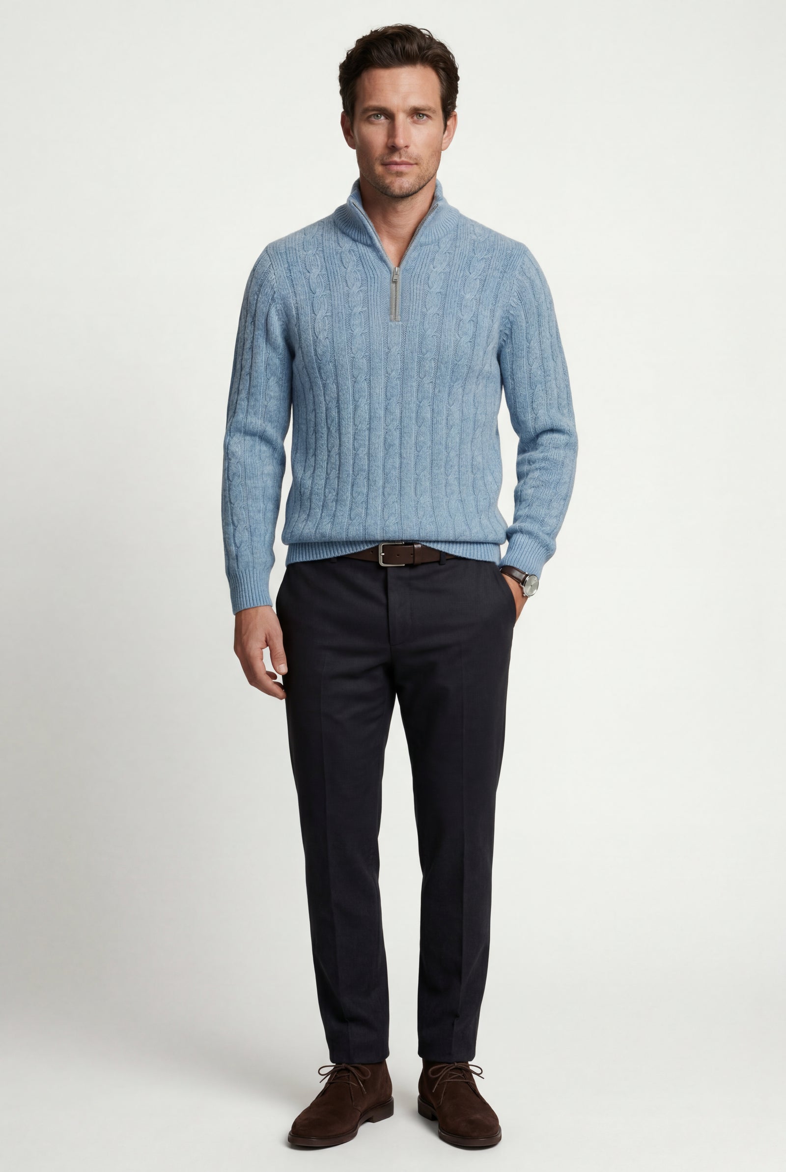 Blue Men's Cable Mock Neck Half Zip Sweater - Mock neck sweater - Photo 3