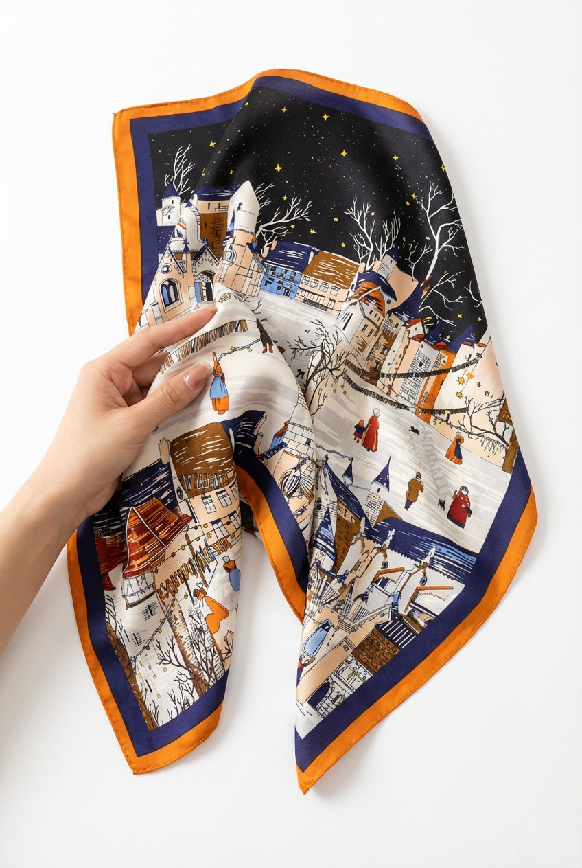 Blue Navy Cityscape Print -feel Square Scarf with Bold Border - Scarves - Photo 1