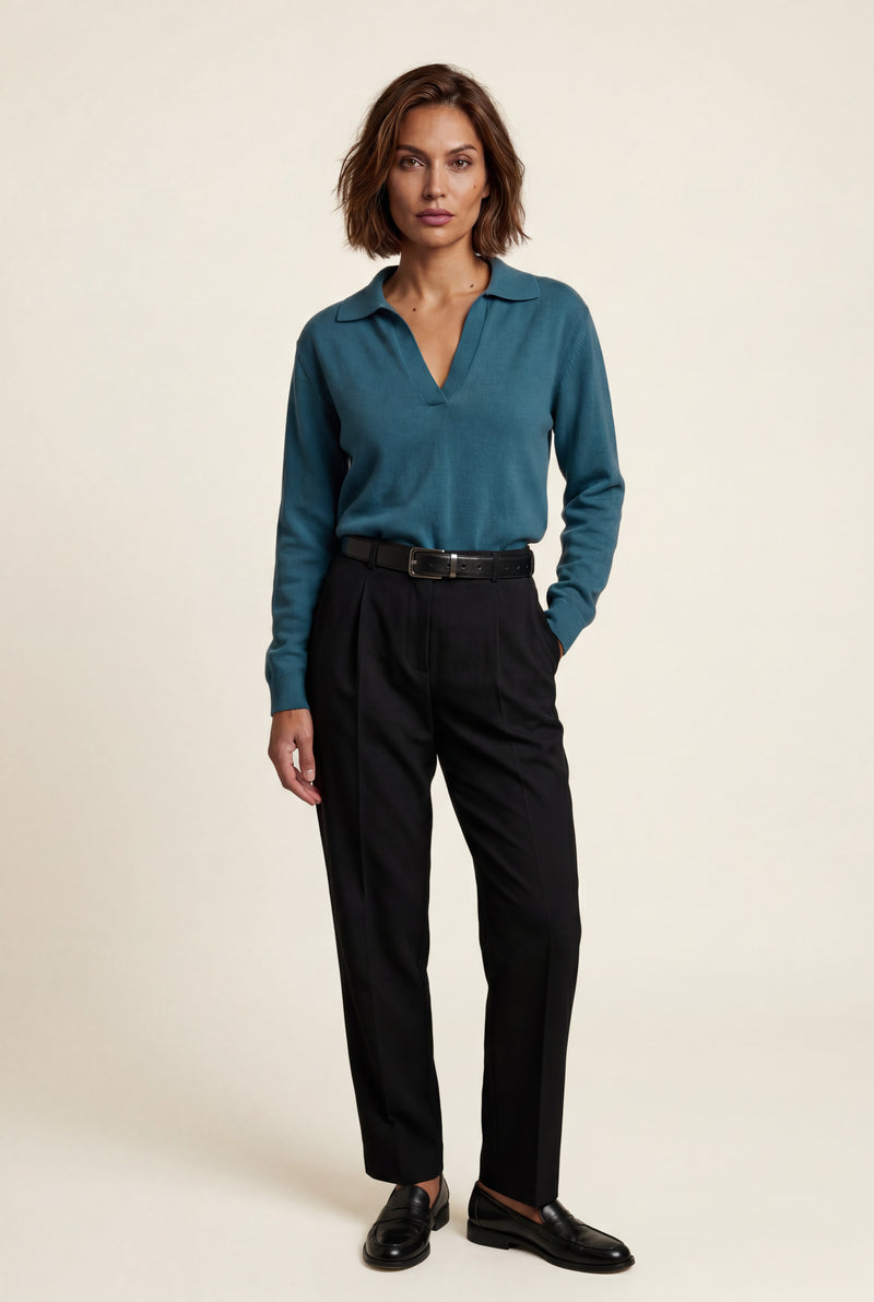 Blue Open Collar V-neck Fine Relaxed Sweater - Casual sweater - Photo 1