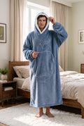 Oversized Plush Blanket Hoodie in Blue — studio front