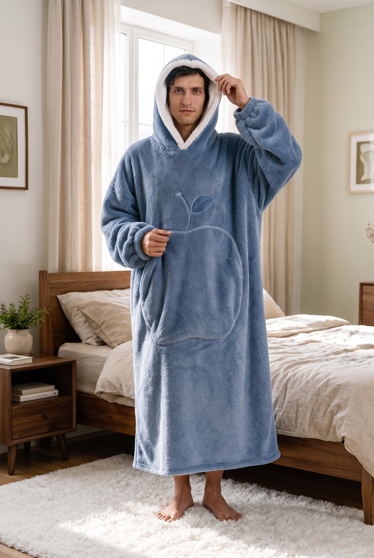 Oversized Plush Blanket Hoodie in Blue — studio front