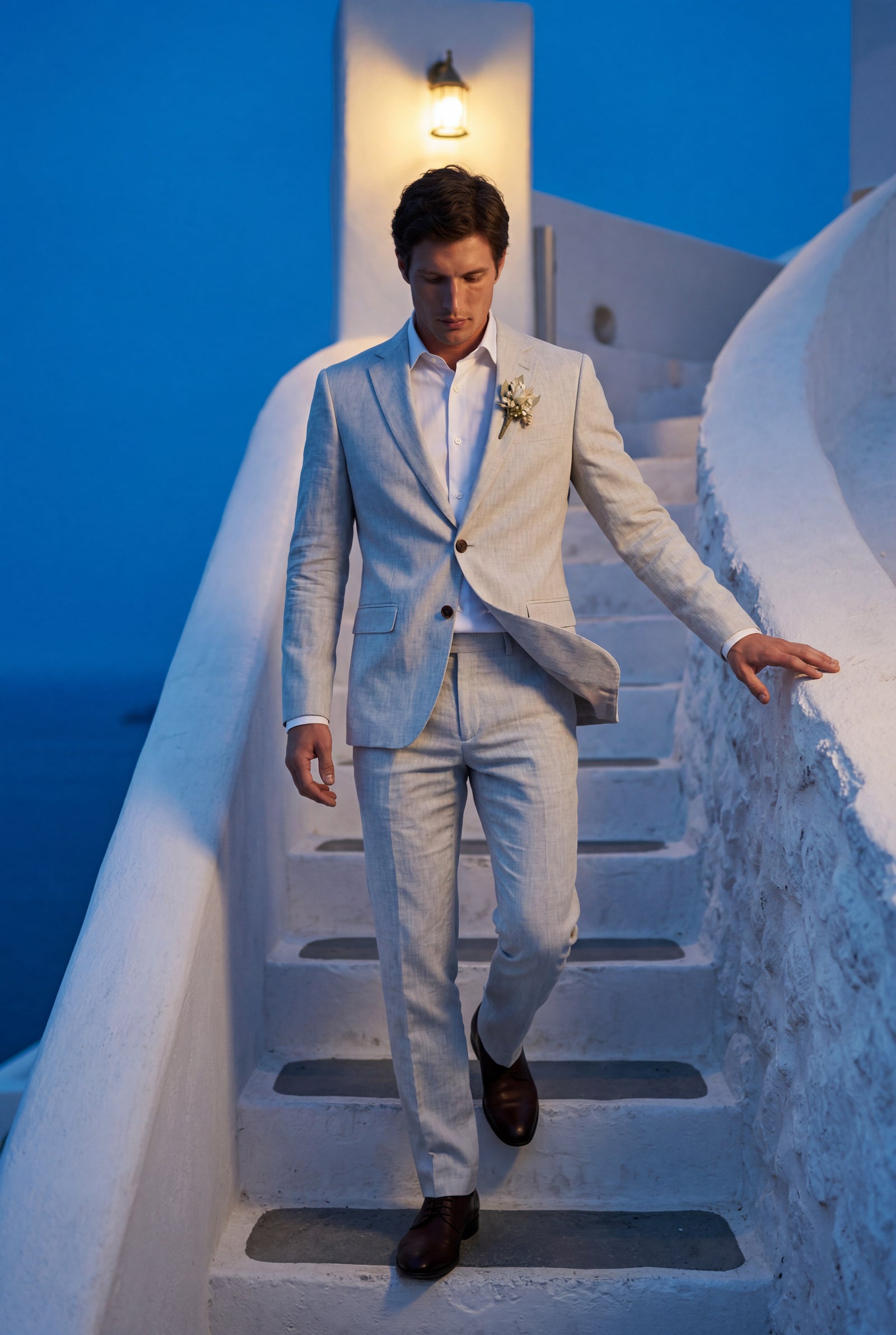 White Pastel Slim Fit Two-piece Suit with Notched Lapel - Two-piece suits - Photo 12