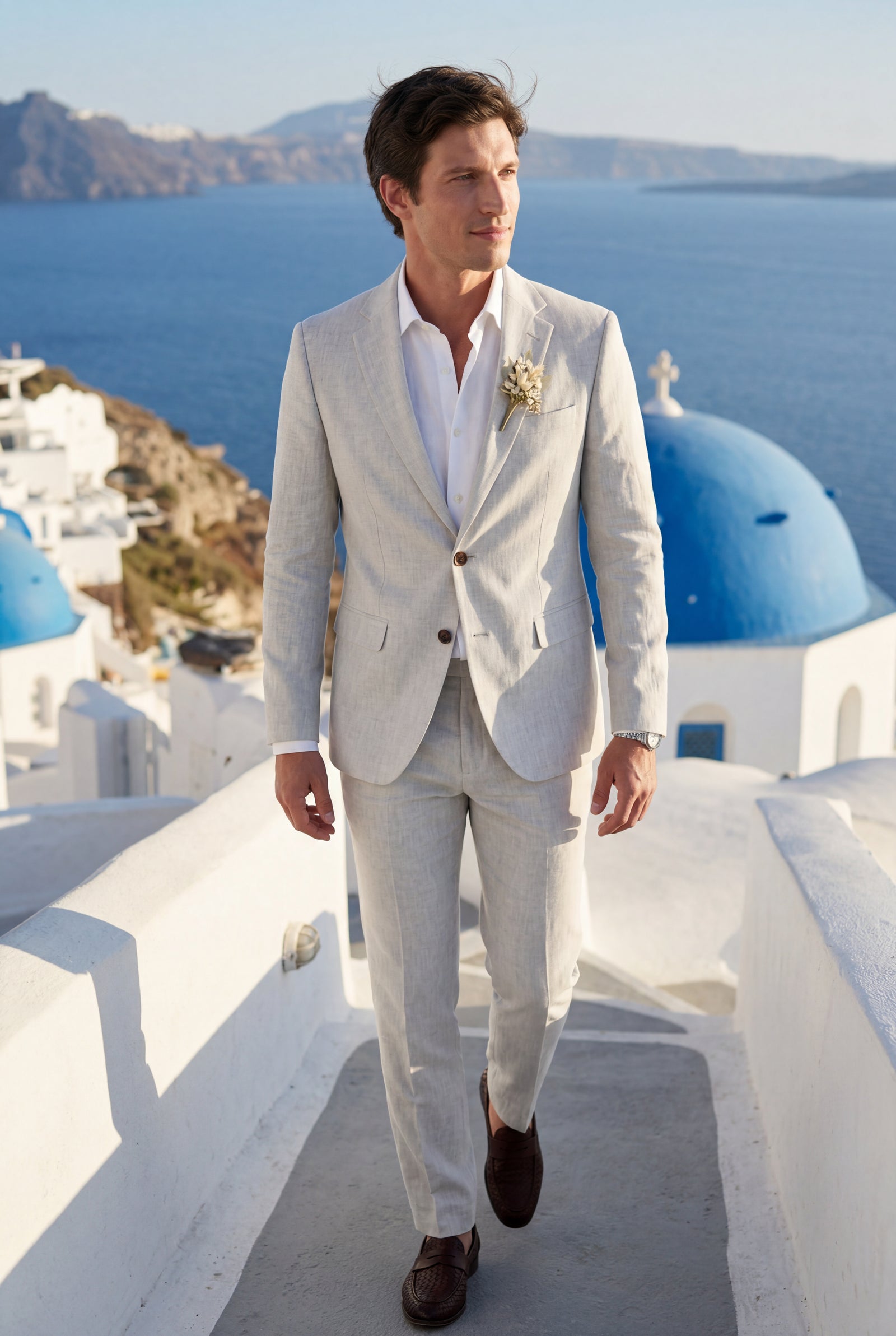 White Pastel Slim Fit Two-piece Suit with Notched Lapel - Two-piece suits - Photo 5