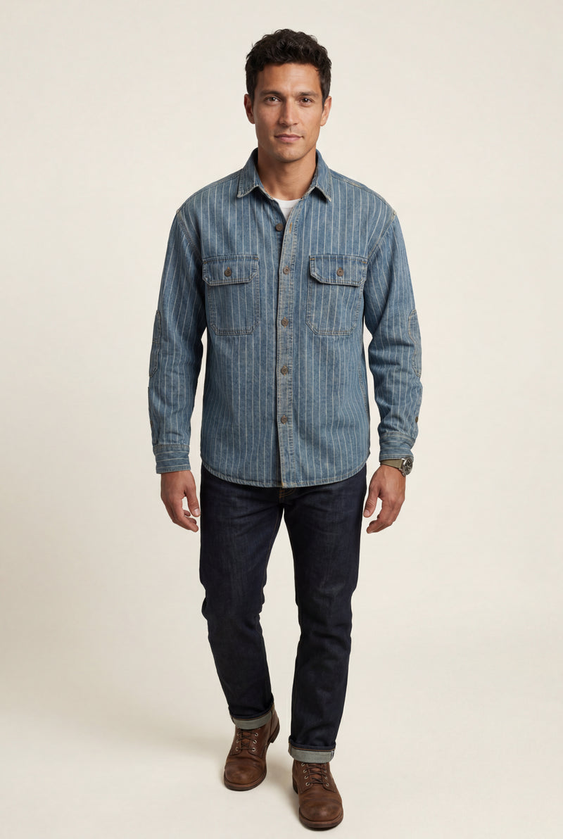 Blue Pinstripe Button-up Shirt with Chest Pockets - Denim shirts - Photo 1