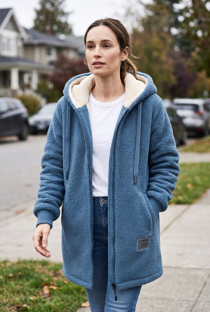 Plush Hooded Fleece Jacket in Blue — lifestyle