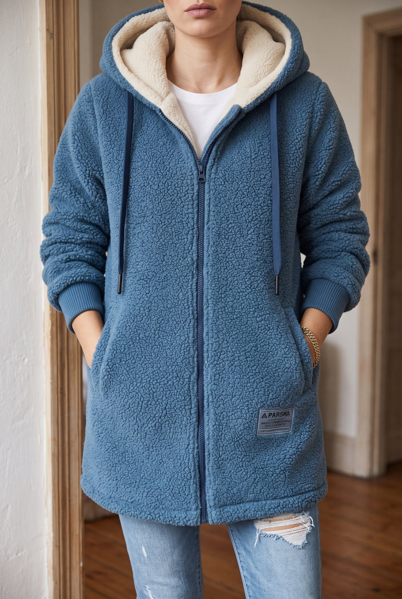 Plush Hooded Fleece Jacket in Blue — studio front