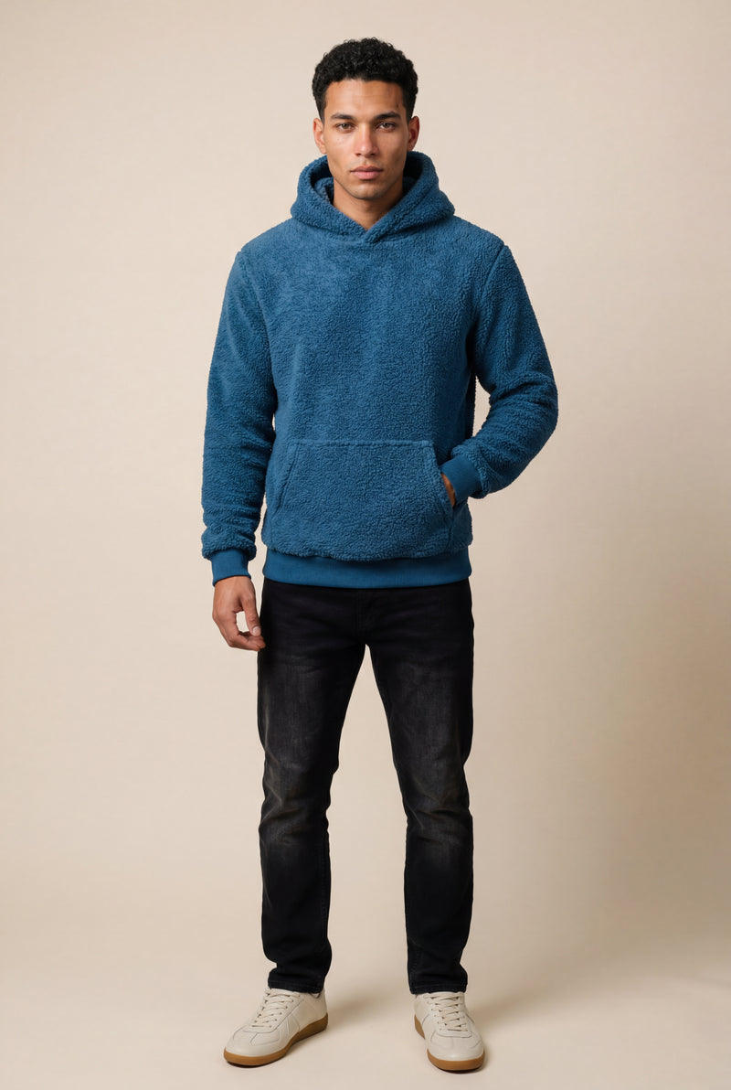 Blue Plush Relaxed Fit Hoodie with Kangaroo Pocket - Photo 1